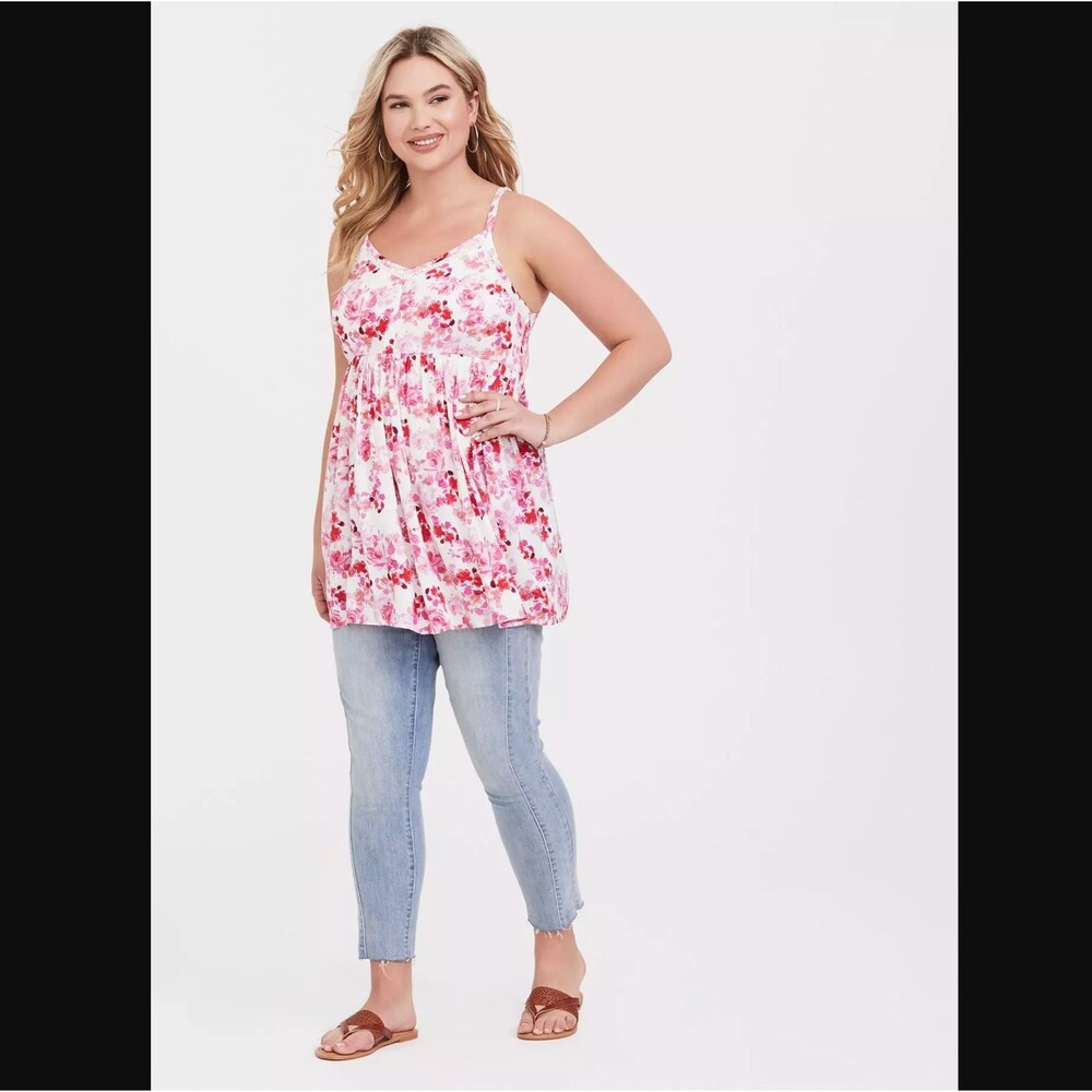 Torrid Floral Babydoll Cami Top 2X 18 20 White Pink Smocked Challis Tunic Boho - Picture 2 of 8